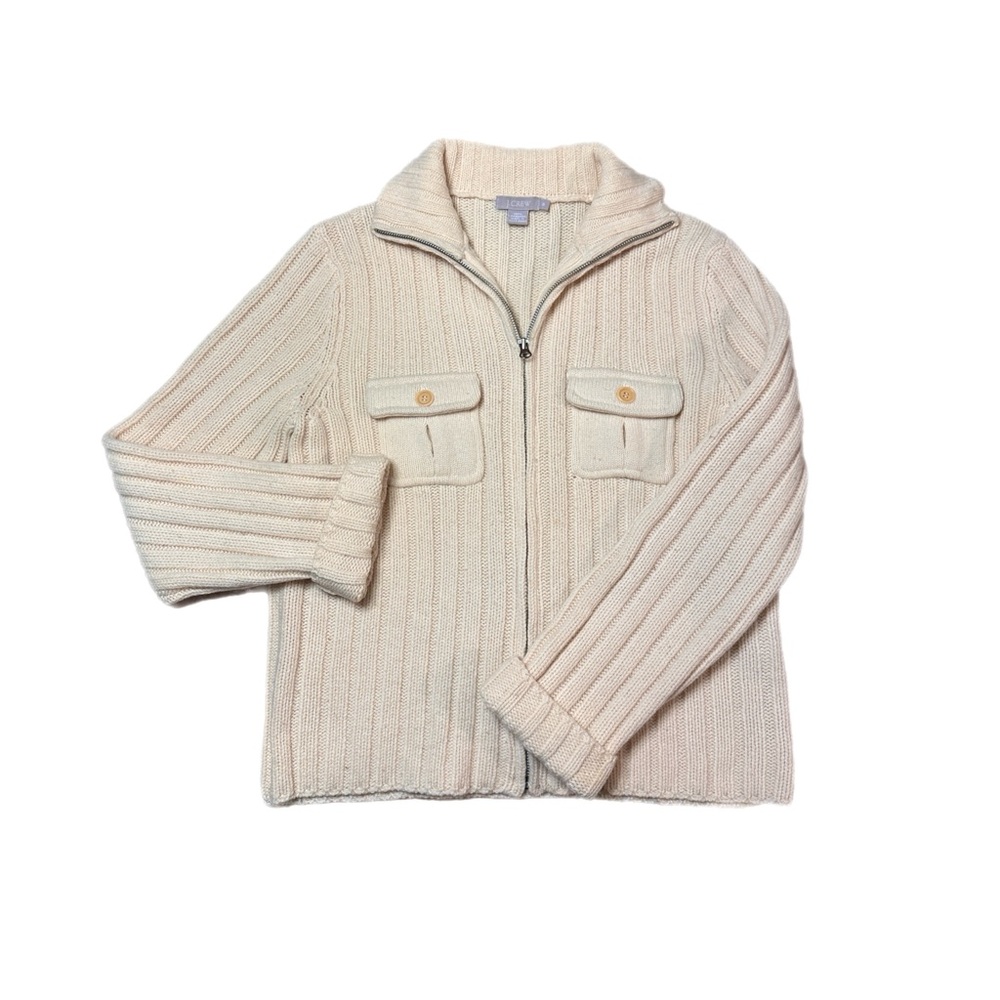 J. Crew 100% Lambswool Cream Zip Up Cardigan In Size M